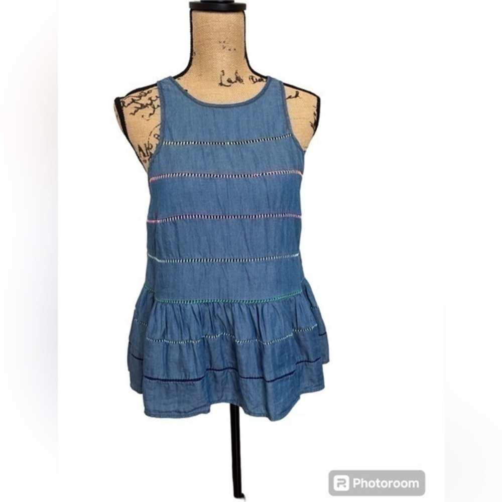 Crown & IvyBlue Rainbow Denim Stitch Ruffled Peplum Top Size M